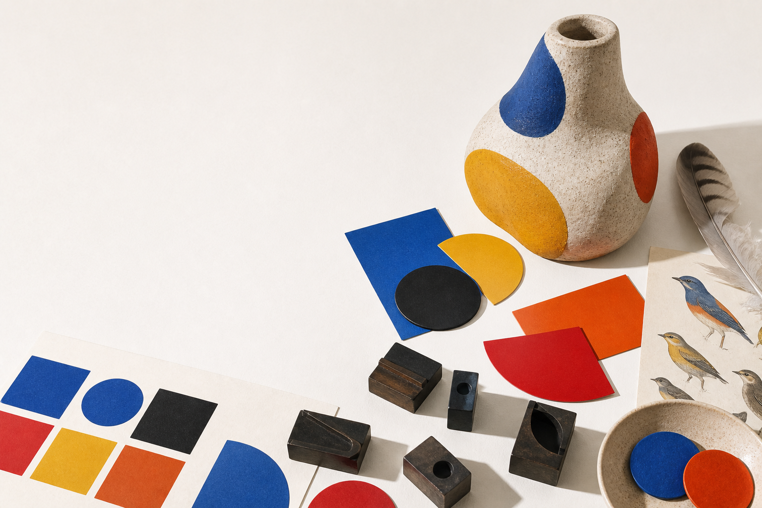 A ceramic vessel, bird field guide, color studies, and letterpress blocks arranged on a bright studio table